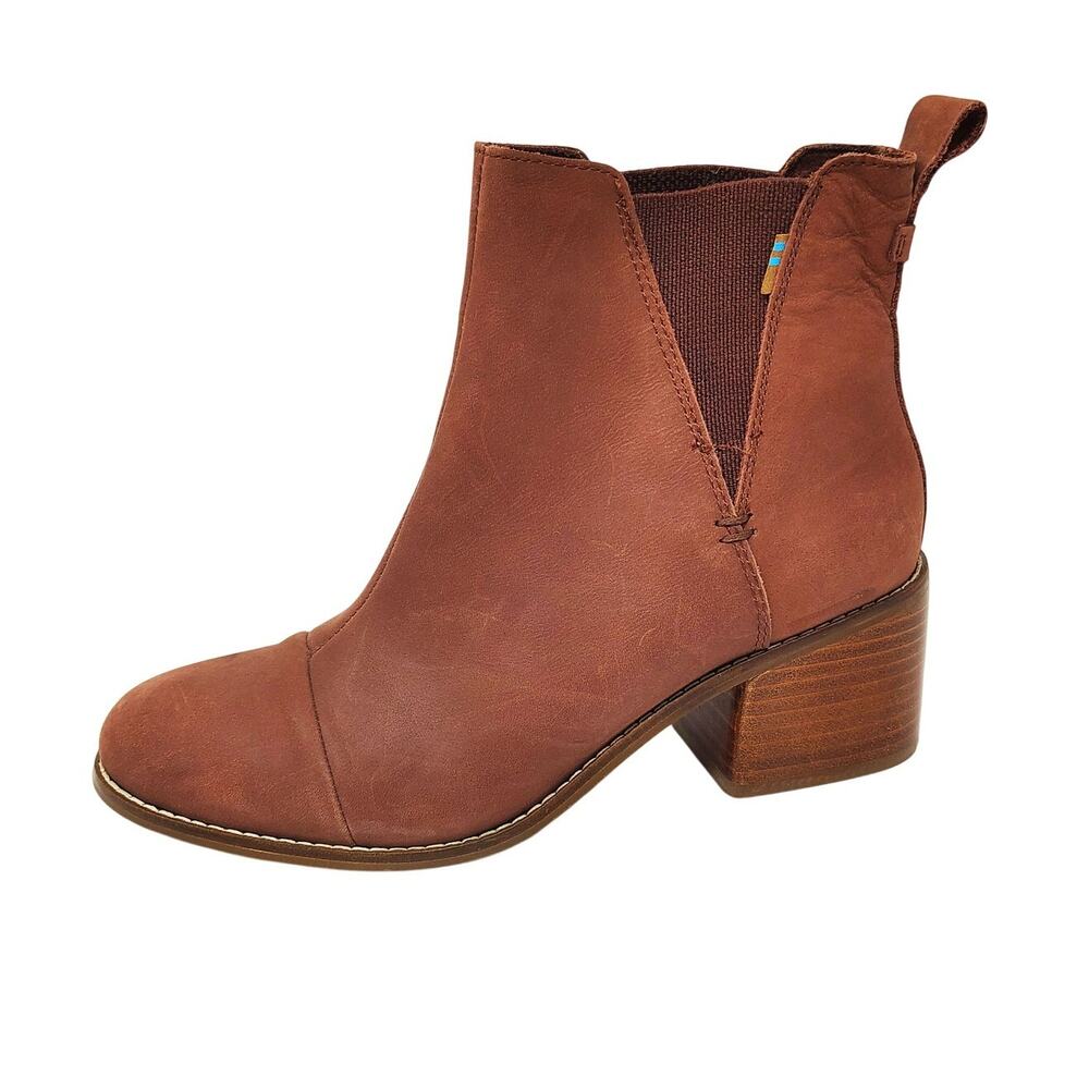 Toms Shoes Womens 8 Boots Esme Ankle Brown Leather Pull On Block Heel